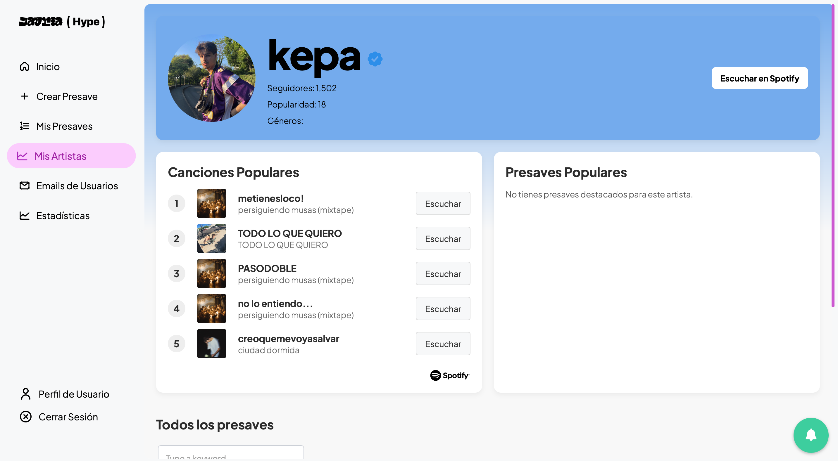 Dashboard de artista